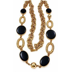 Vintage Dauplais Black Enamel Gold Tone Link Necklace Chunky Statement 30 Inch